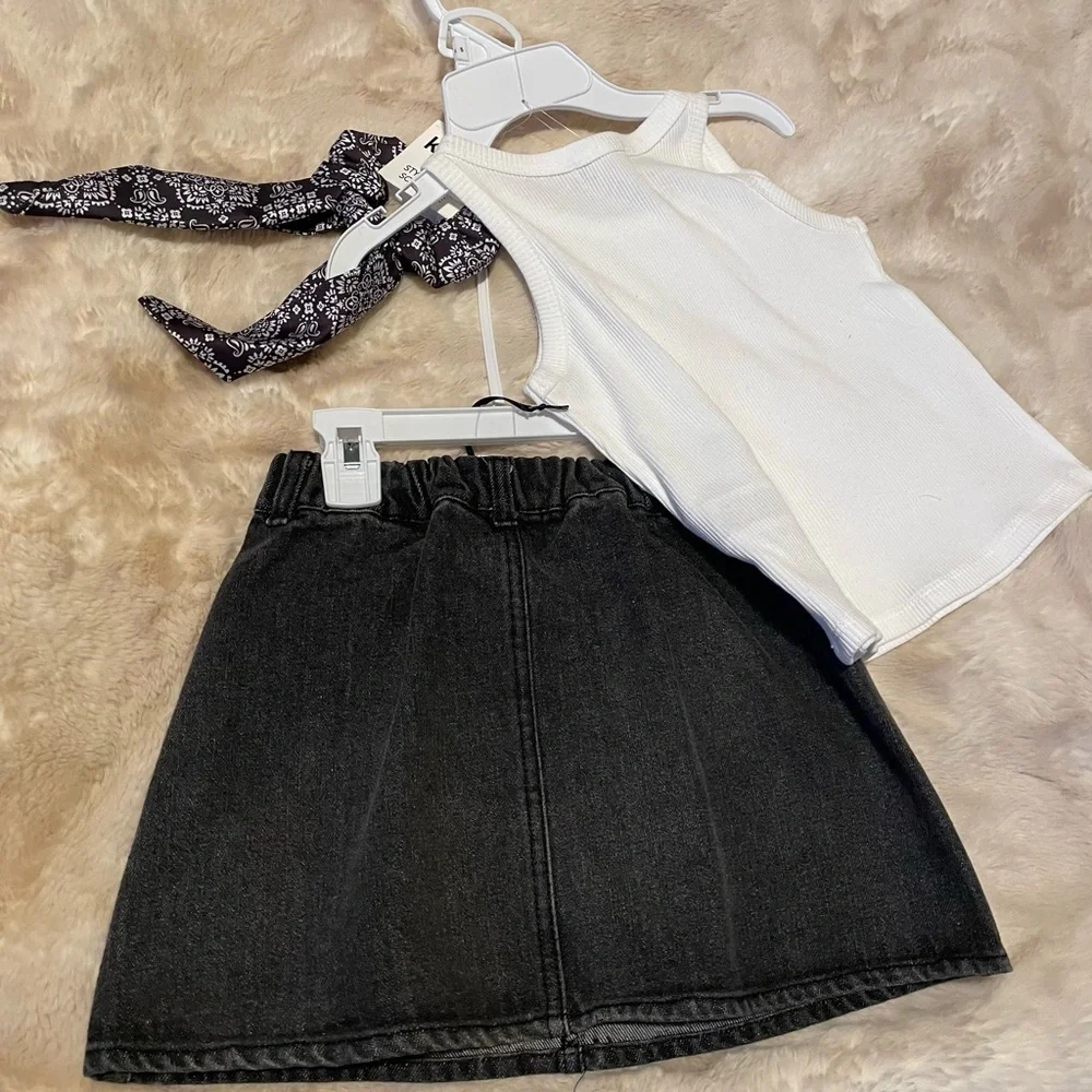 kensie girl 3 piece set w/ ribbed top, denim skirt & matching scrunchie